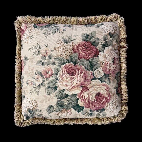 Vintage Floral Rose Decorative Throw Pillow Cream Roses Fringe Cottage Granny - Picture 2 of 6